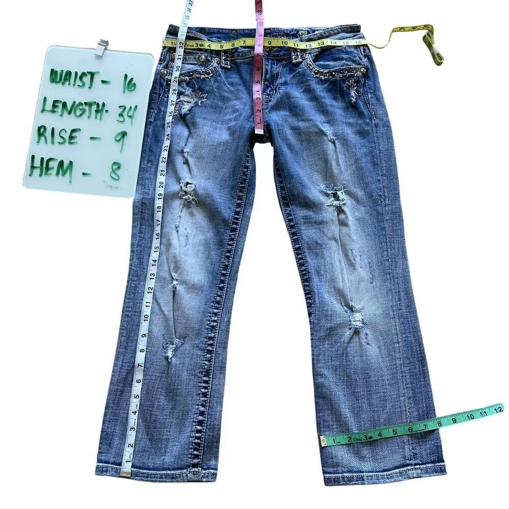 Miss Me Womens 30 US Size 10 Distressed Embellished Cuffed Capri Jeans Cowgirl